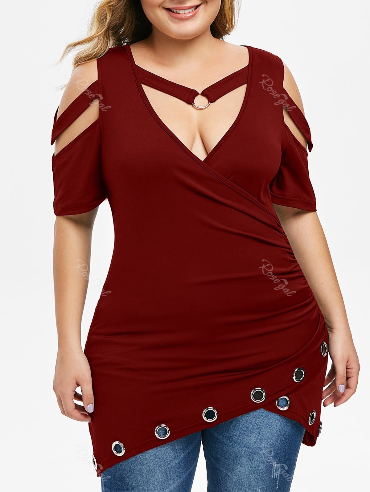 

Plus Size O Rings Cut Out Ruched T-shirt, Red wine