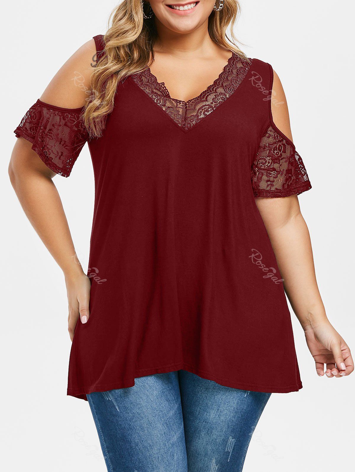 

Plus Size Cold Shoulder Lace Insert T Shirt, Red wine