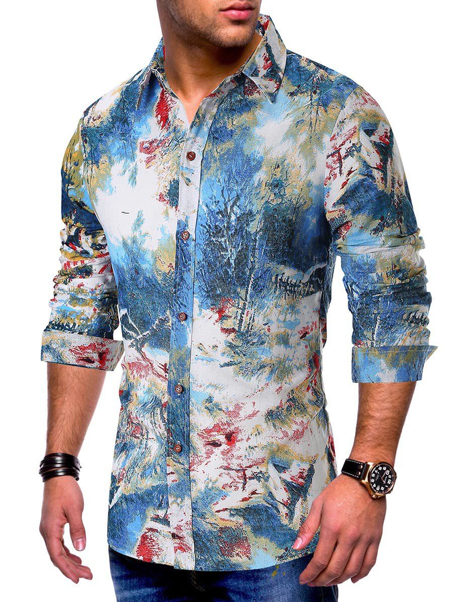 

Scenery Colorful Painting Print Button Long Sleeve Shirt, Blue