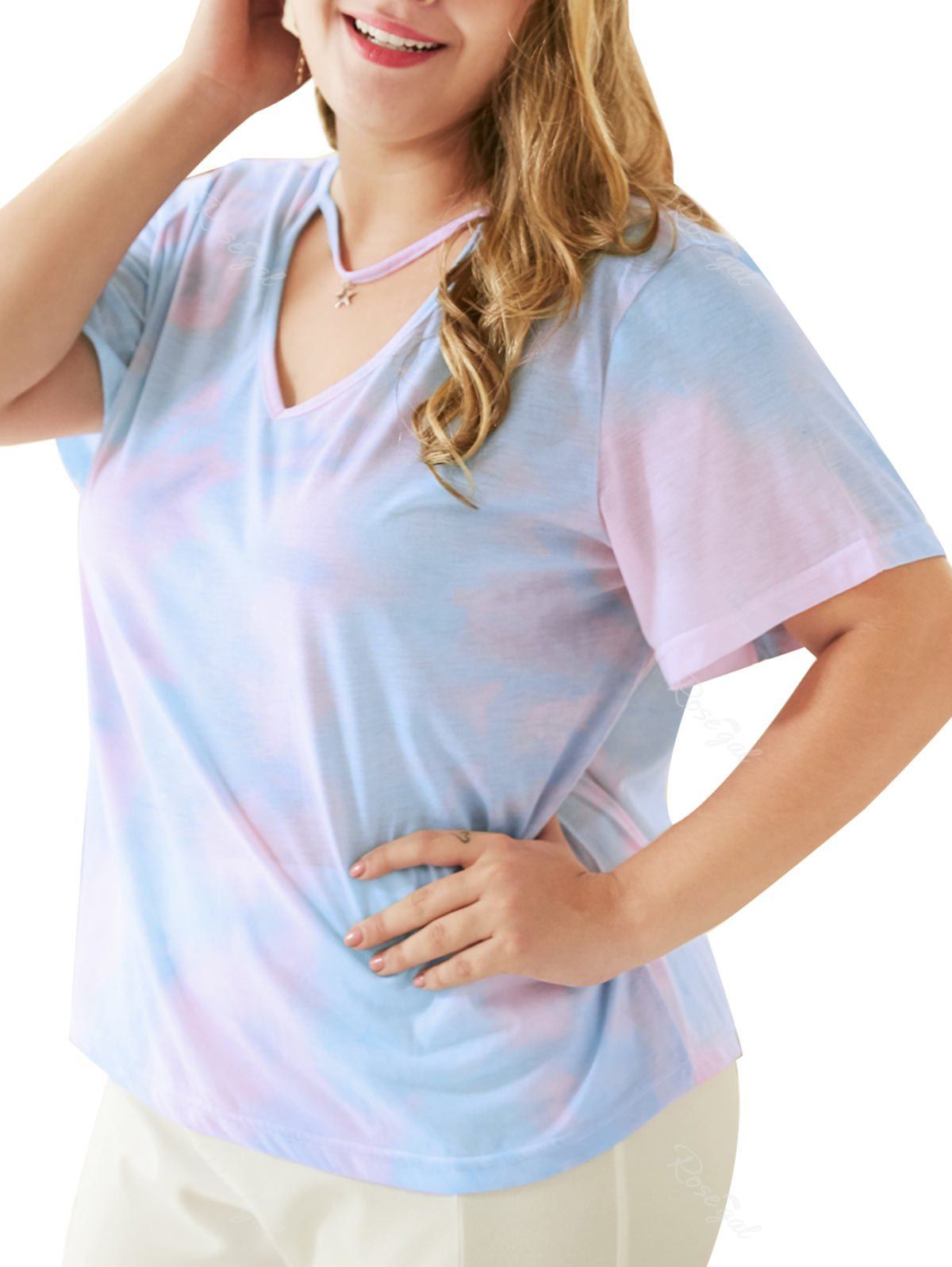 

Plus Size Tie Dye Metal Star Choker Tee, Sea blue