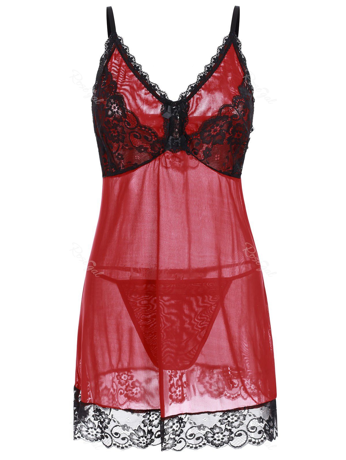 

T Back Sheer Mesh Scalloped Lace Panel Plus Size Babydoll, Red