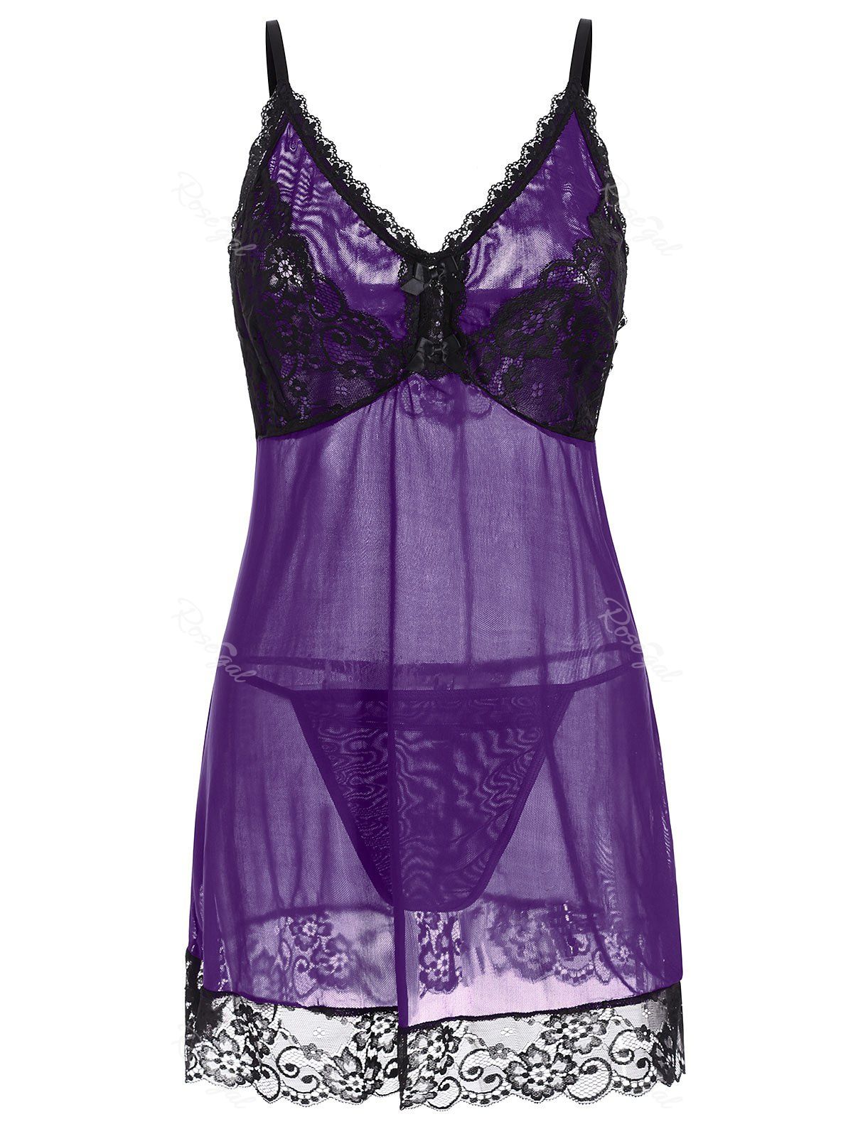 

T Back Sheer Mesh Scalloped Lace Panel Plus Size Babydoll, Purple