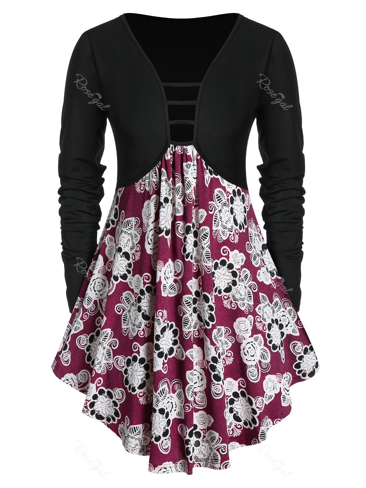 

Plus Size Floral Print Plunging Neck Tunic T Shirt, Red wine