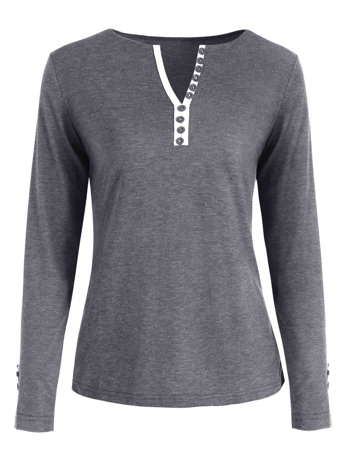 

V Neck Long Sleeve Button Embellished T-shirt, Gray