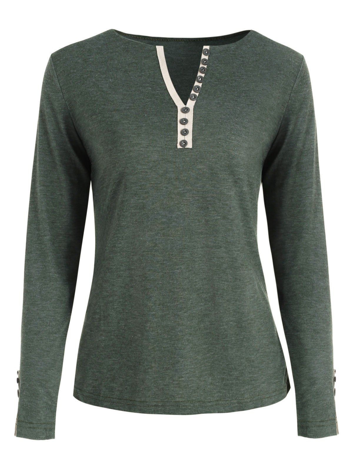 

V Neck Long Sleeve Button Embellished T-shirt, Hazel green