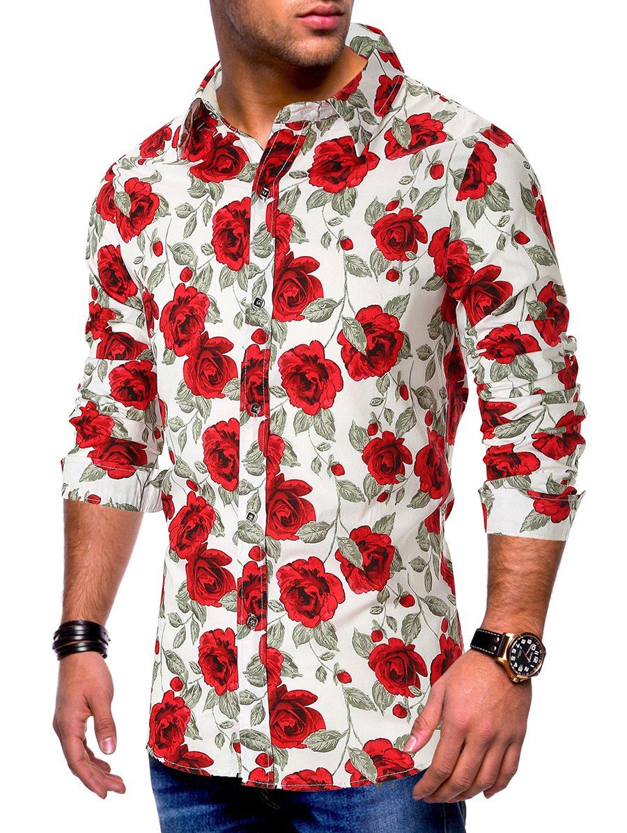 [49 OFF] Rose Flower Allover Print Button Long Sleeve Shirt Rosegal