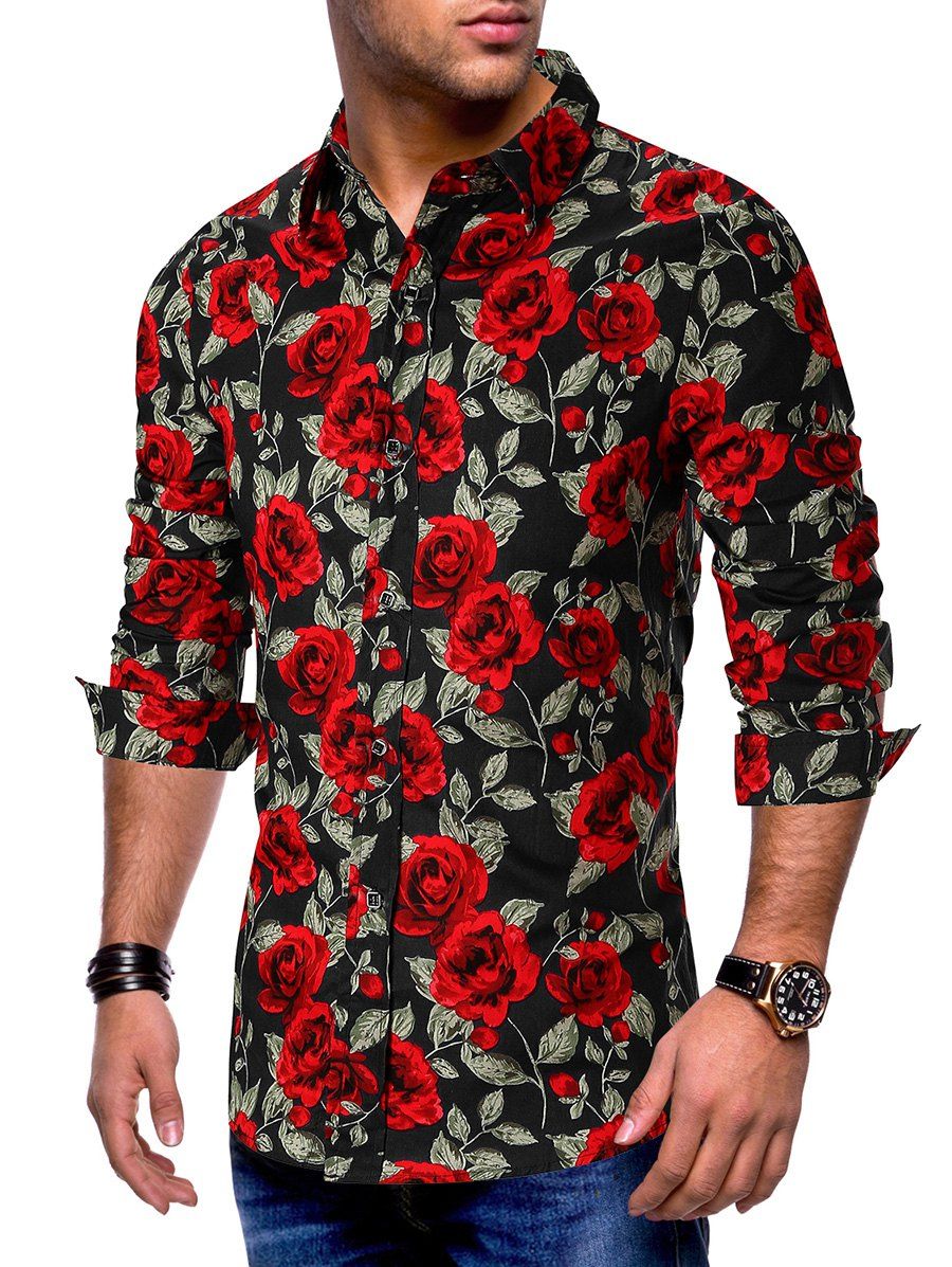 

Rose Flower Allover Print Button Long Sleeve Shirt, Black