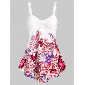 

Floral Butterfly Print Twisted Trapeze Tank Top, Lava red