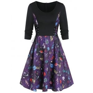 

Lace Up Animal Print A Line Dress, Black