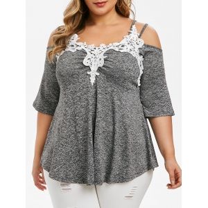 

Plus Size Open Shoulder Lace Crochet Marled Tee, Battleship gray