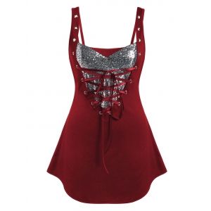 

Plus Size Sequined Lace Up Rings Tank Top, Red wine