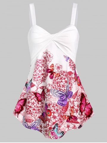 rosegal Floral Butterfly Print Twisted Trapeze Tank Top