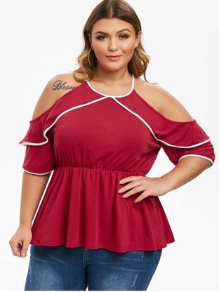 Plus Size Contrast Piping Cold Shoulder Peplum T-shirt