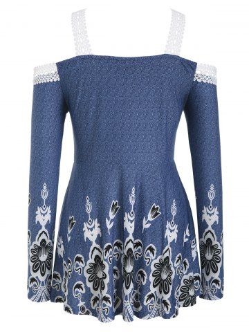 

Plus Size Cold Shoulder Floral Print Applique T Shirt, Denim dark blue