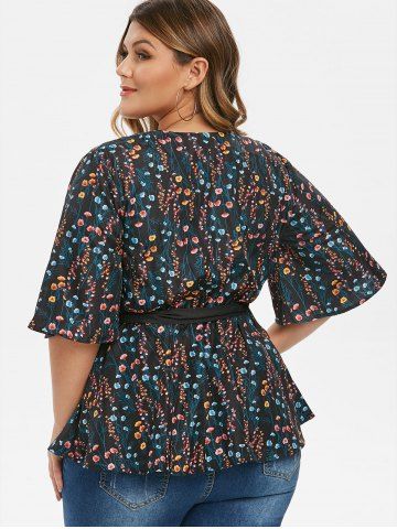 

Plus Size Floral Print Flare Sleeve Belted Blouse, Multi-a