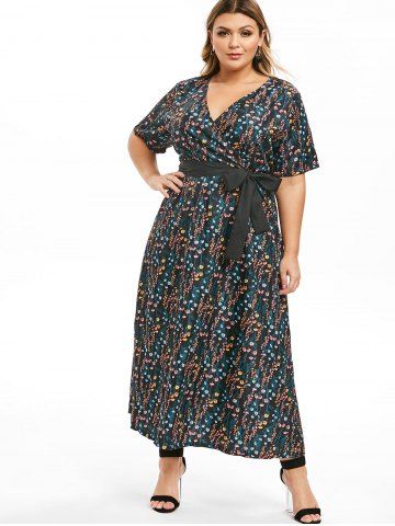 

Plus Size Flower Overlap V Neck Belted Long Dress, Multi-a