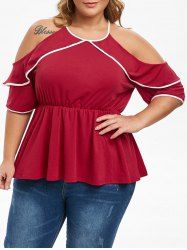 Plus Size Contrast Piping Cold Shoulder Peplum T-shirt -  