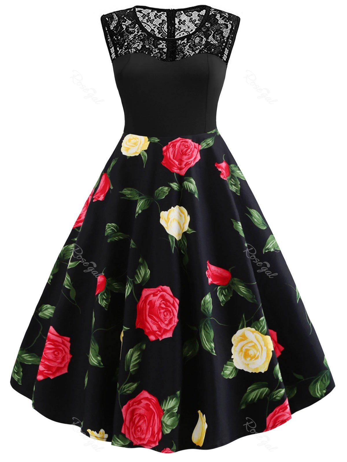 

Plus Size Lace Insert Floral Pin Up Dress, Multi-a