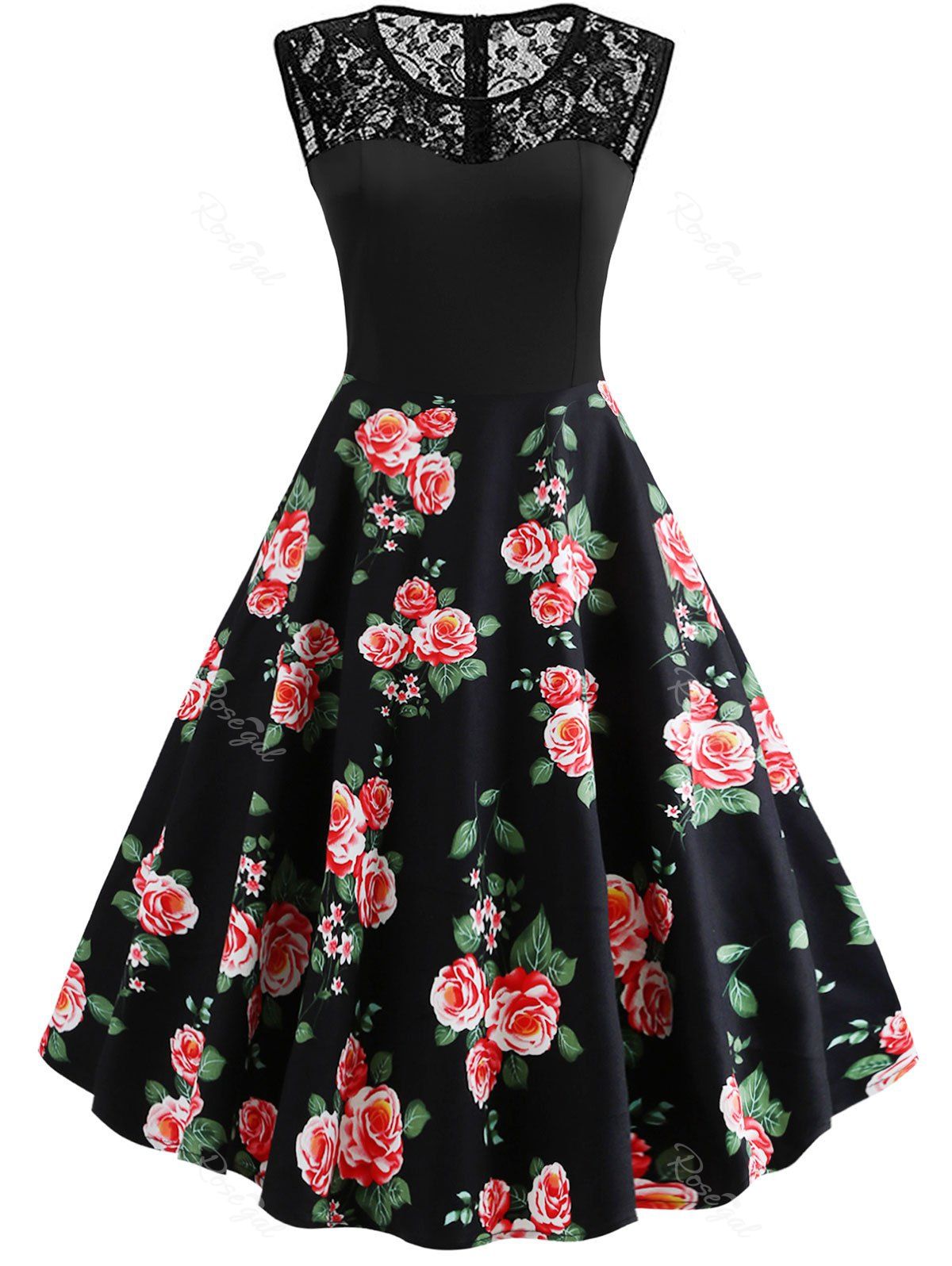 

Plus Size Lace Insert Floral Pin Up Dress, Multi-b