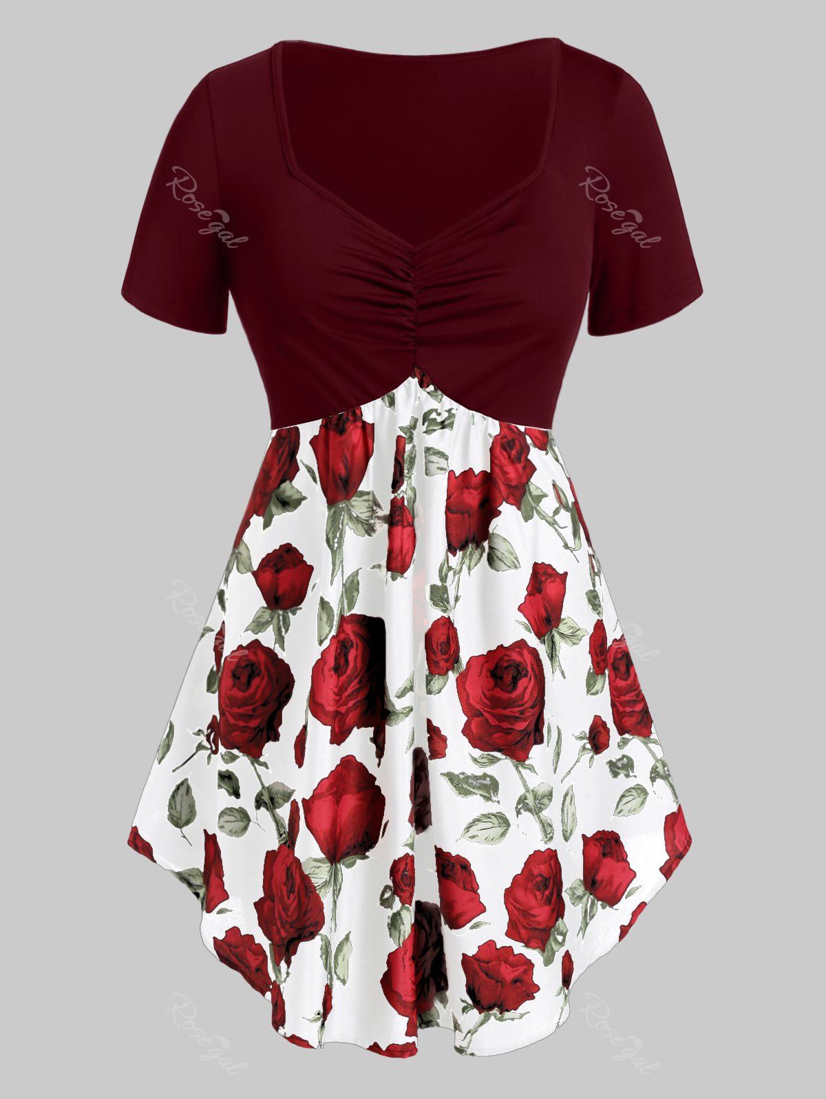

Plus Size Sweetheart Collar Rose Print Tunic T Shirt, Firebrick