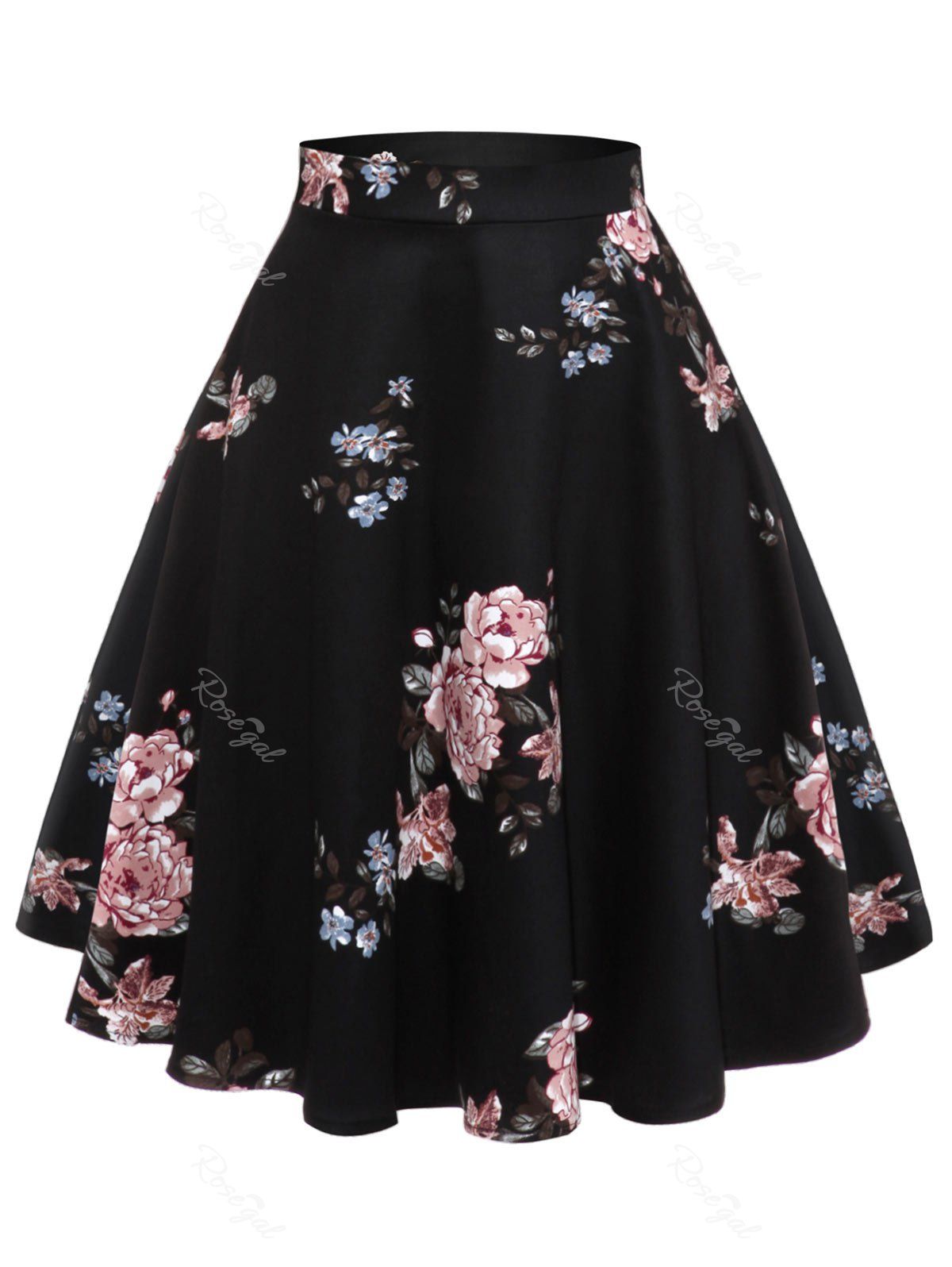 

Plus Size Vintage Floral A Line Skirt, Black