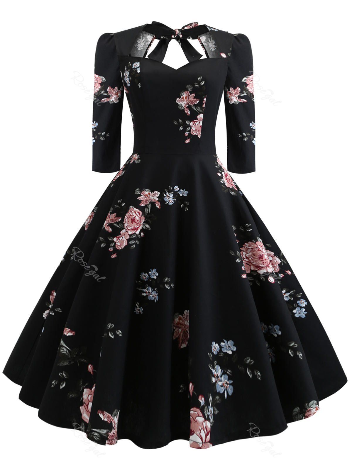 

Plus Size Back Tie Floral Vintage Flare Dress, Black