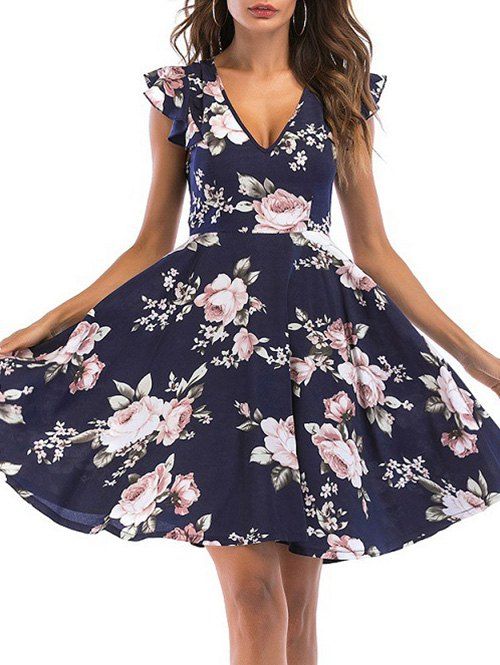 

Back Lace Up Floral Print V Neck Dress, Lapis blue