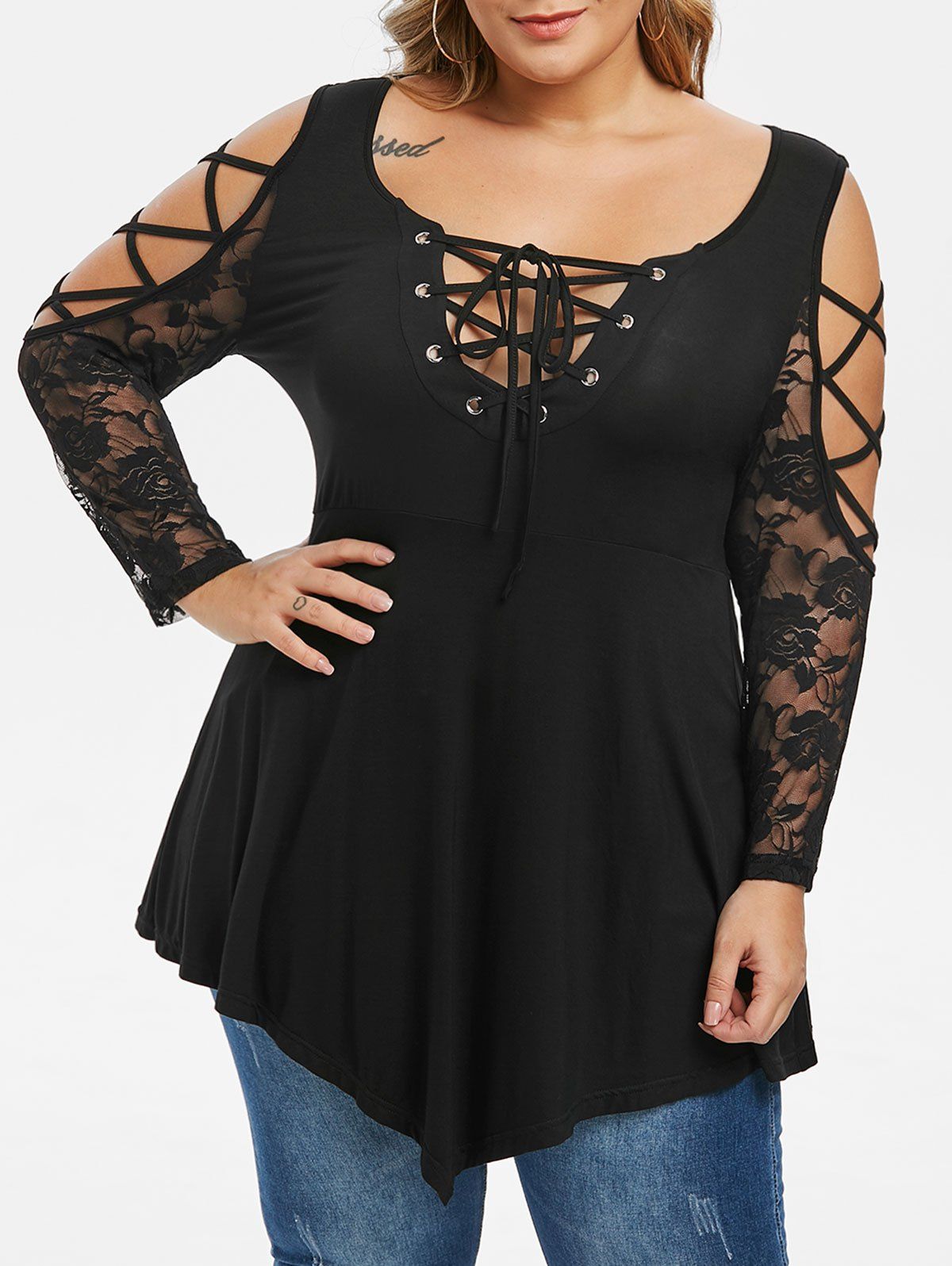 

Plus Size Lace Up Strappy Curved Peplum T-shirt, Twilight black