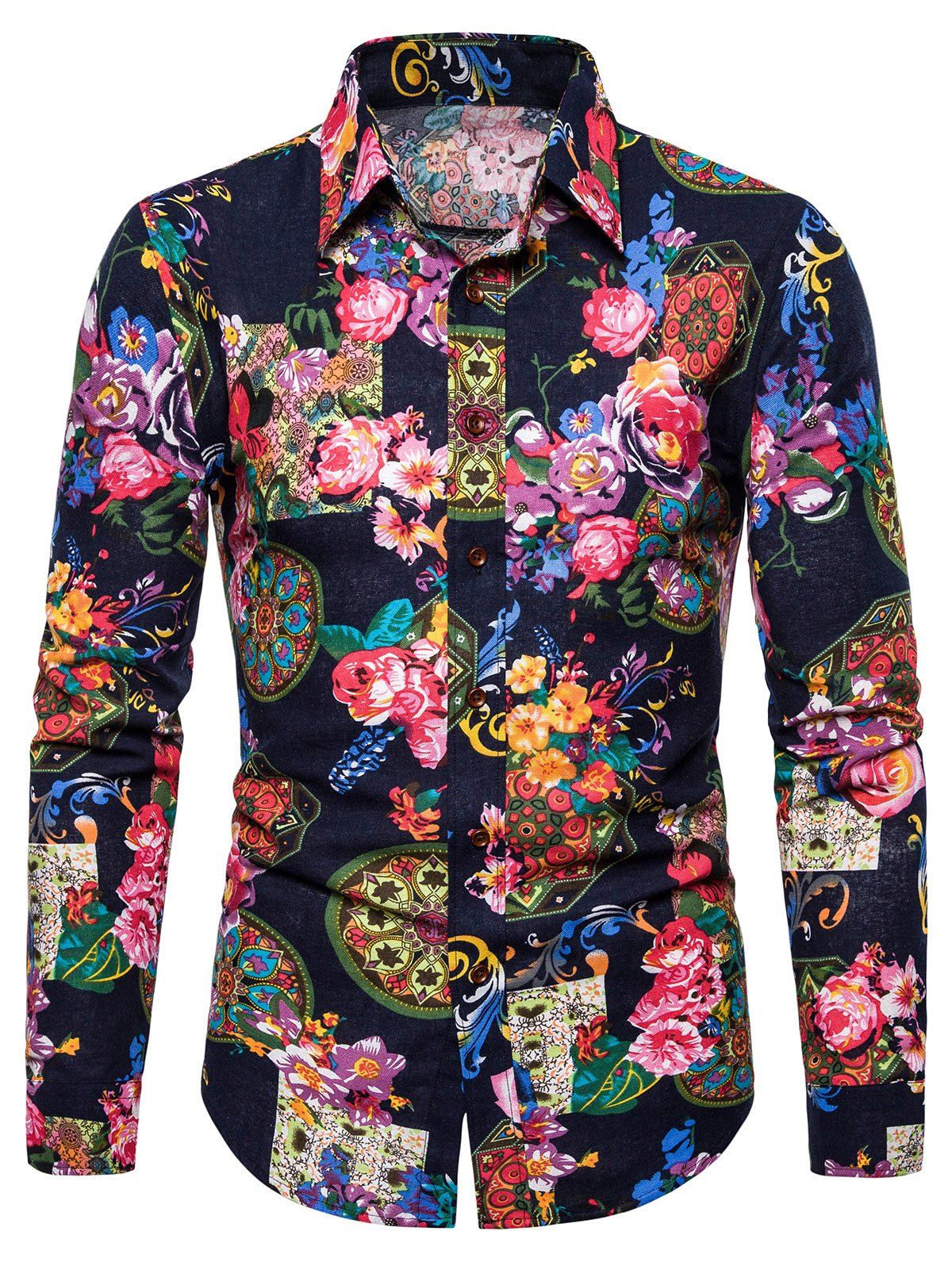 

Floral Printed Long Sleeves Casual Shirt, Black