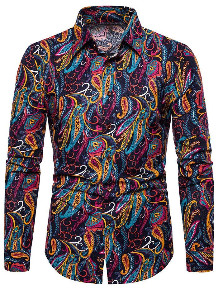 

Ethnic Style Paisley Print Long Sleeves Shirt, Black