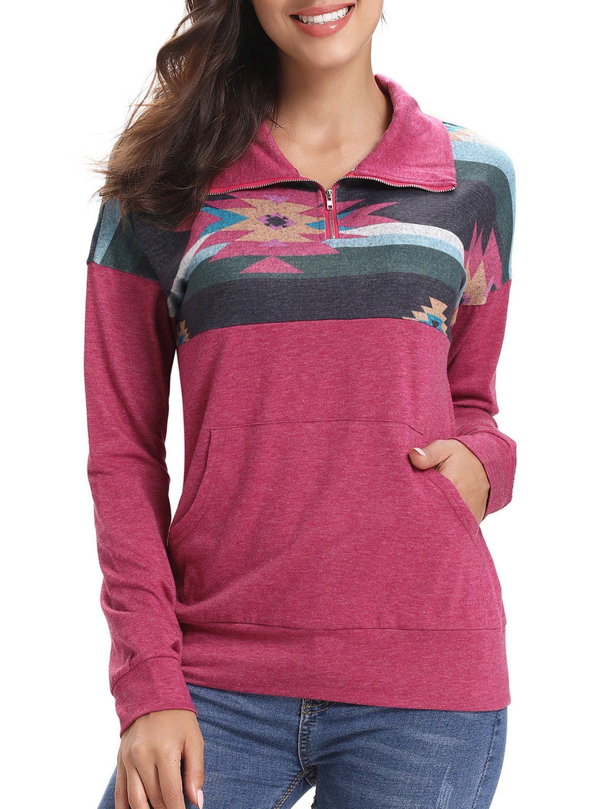 

Color Block Front Pocket Half Zipper Sweatshirt, Bashful pink