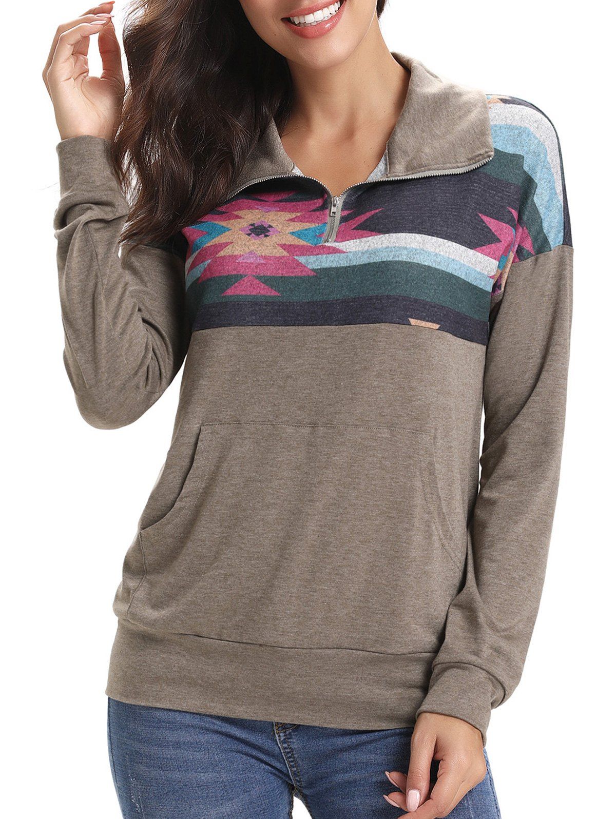 

Color Block Front Pocket Half Zipper Sweatshirt, Light khaki