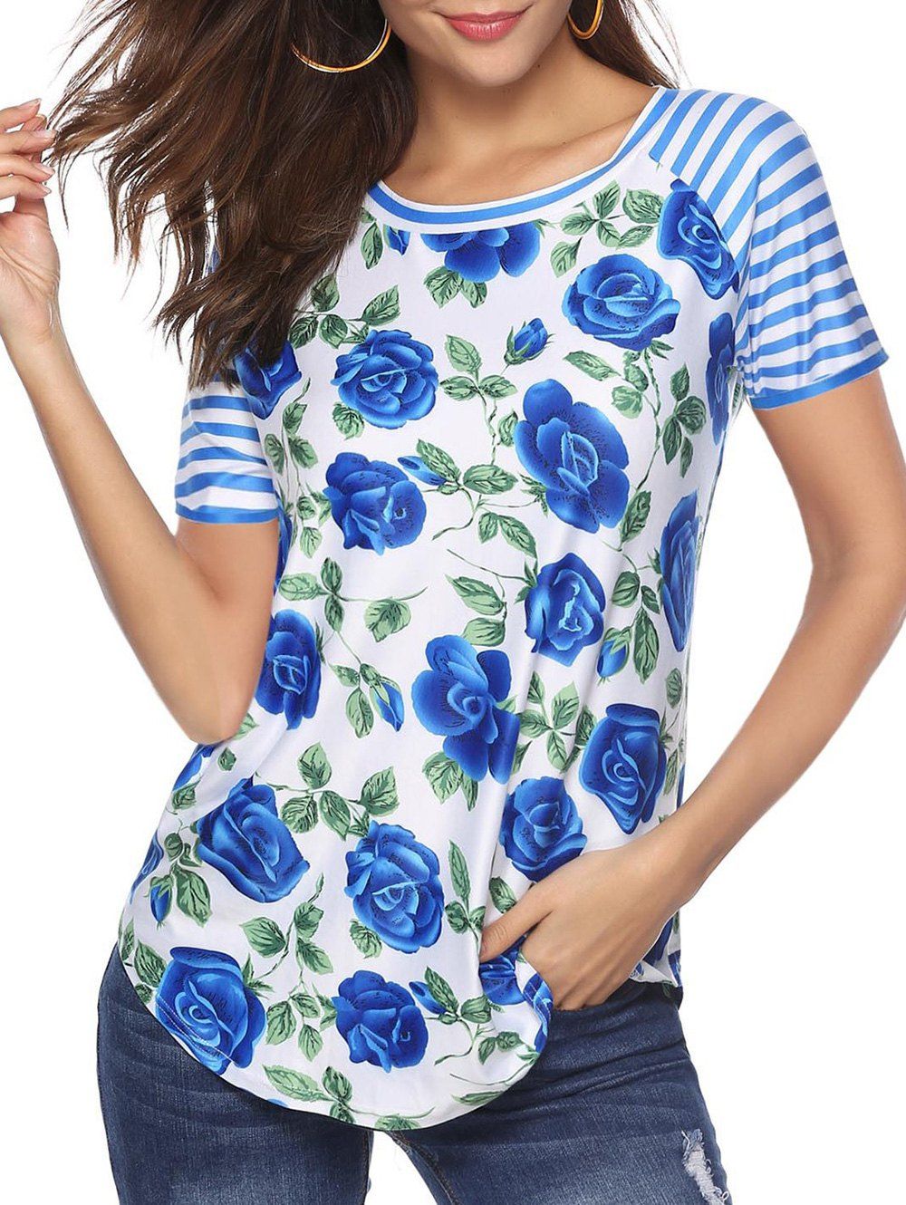 

Floral Print Striped Round Hem Tee, Blue