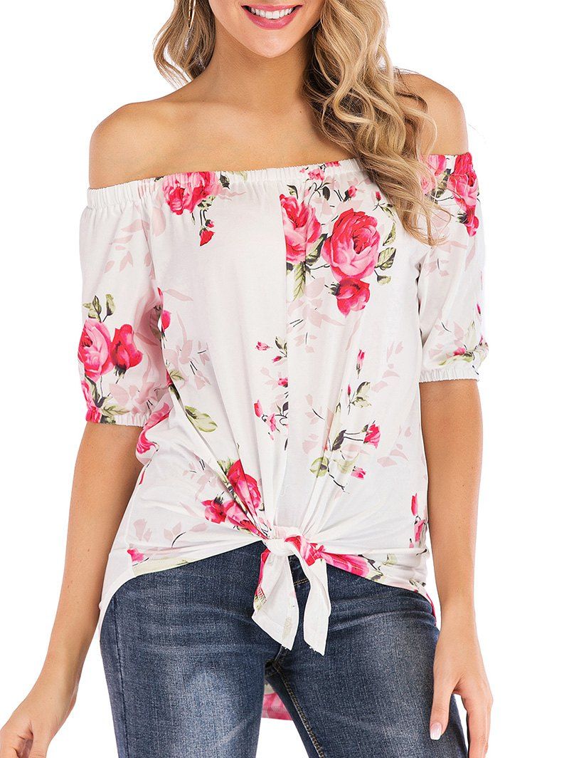 

Off Shoulder Floral Print High Low Tee, White