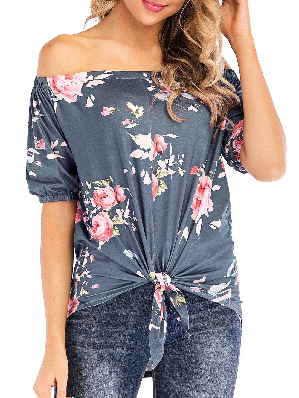 

Off Shoulder Floral Print High Low Tee, Gray