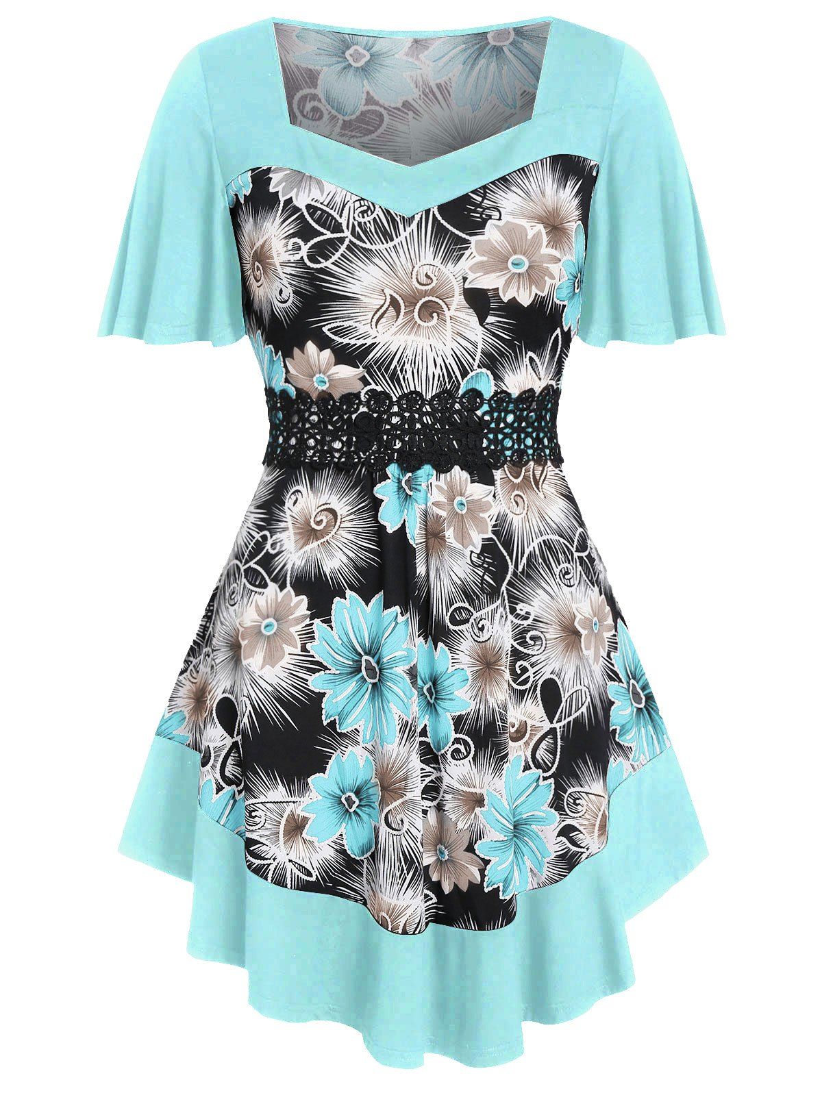 

Plus Size Ditsy Print Applique Tunic T Shirt, Light slate