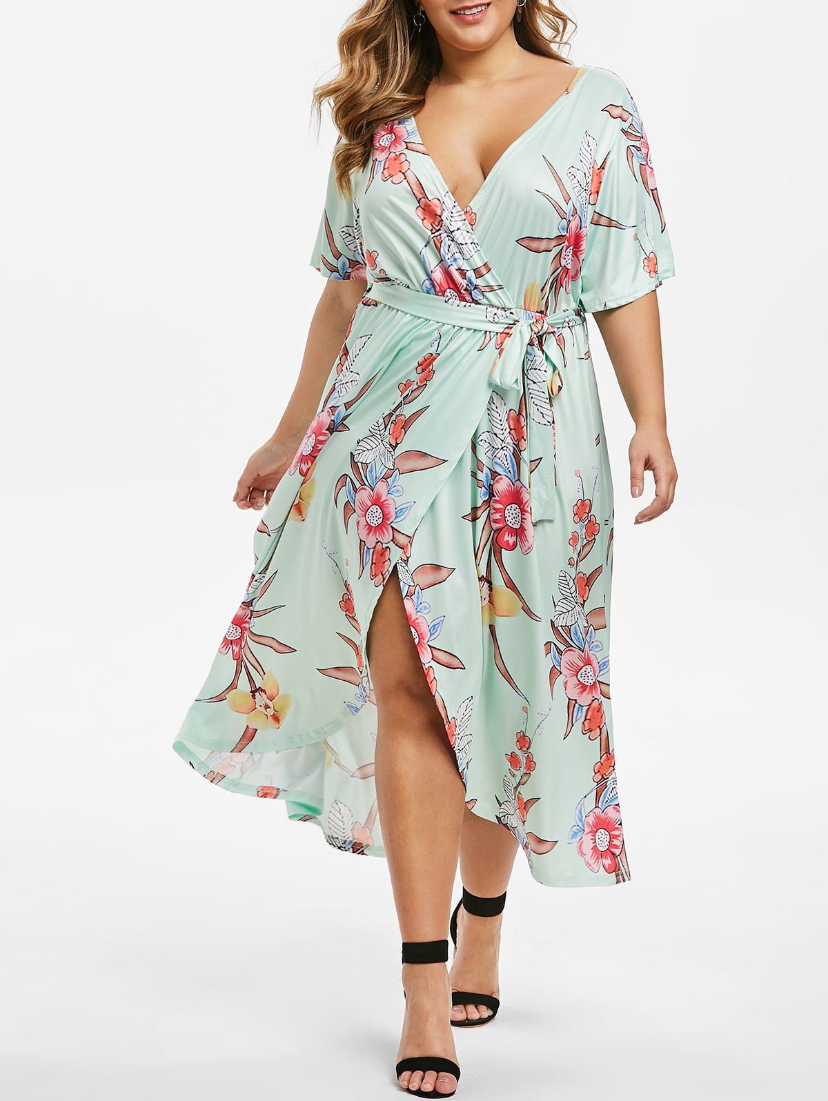 

Plus Size Plunge Floral Surplice Dress, Multi-a