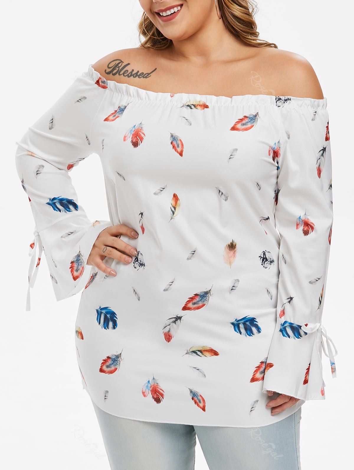 

Plus Size Feather Print Bell Sleeve Frilled Off Shoulder Blouse, Milk white