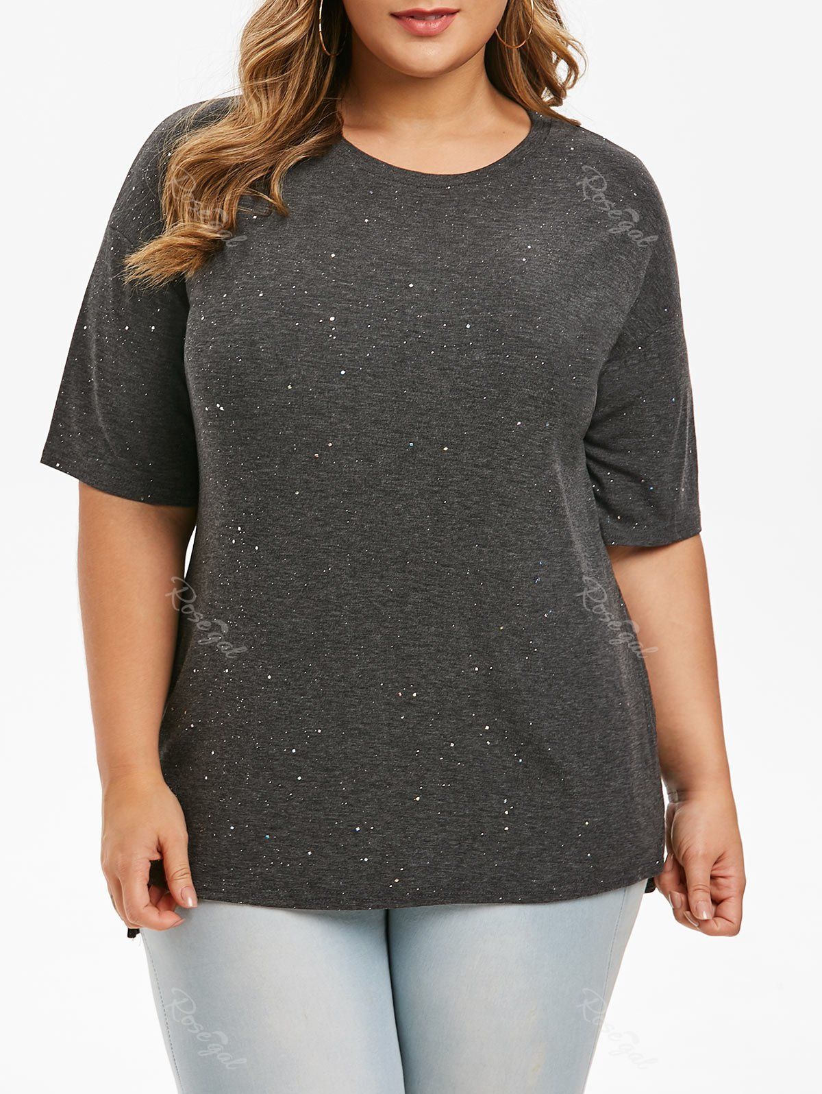 Crew Neck Glittery Side Slit Plus Size Tee, Gray