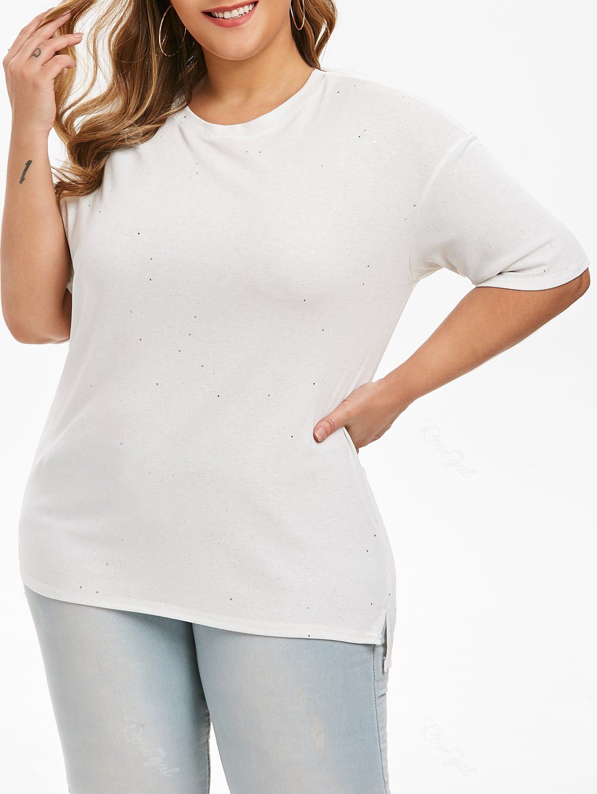 

Crew Neck Glittery Side Slit Plus Size Tee, White
