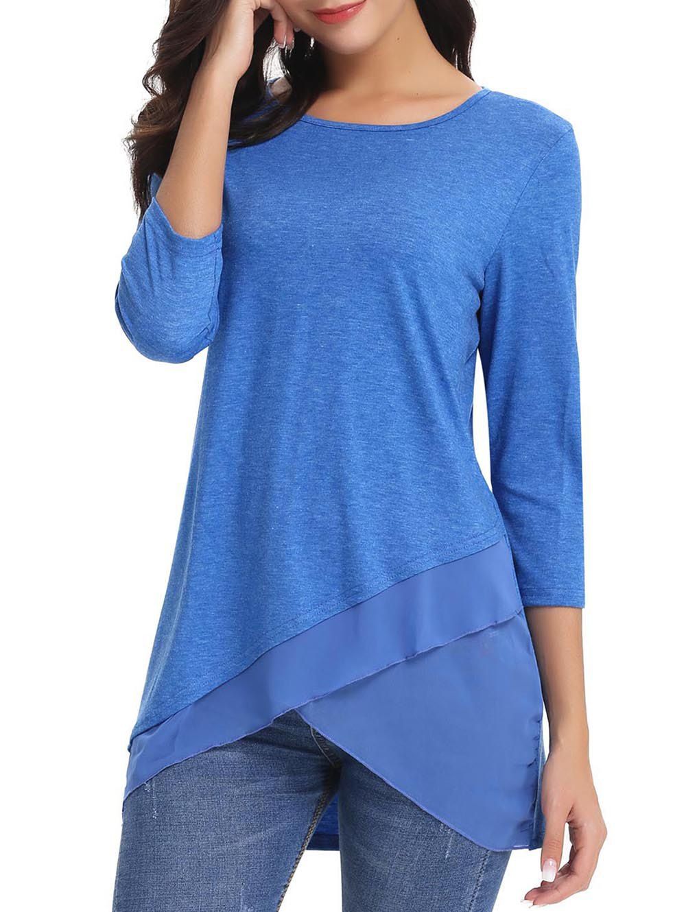 

Chiffon Panel Asymmetric Round Neck Tee, Blue
