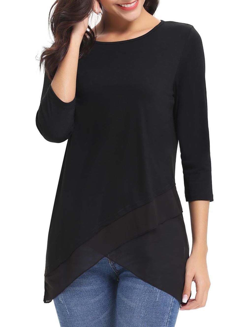 

Chiffon Panel Asymmetric Round Neck Tee, Black