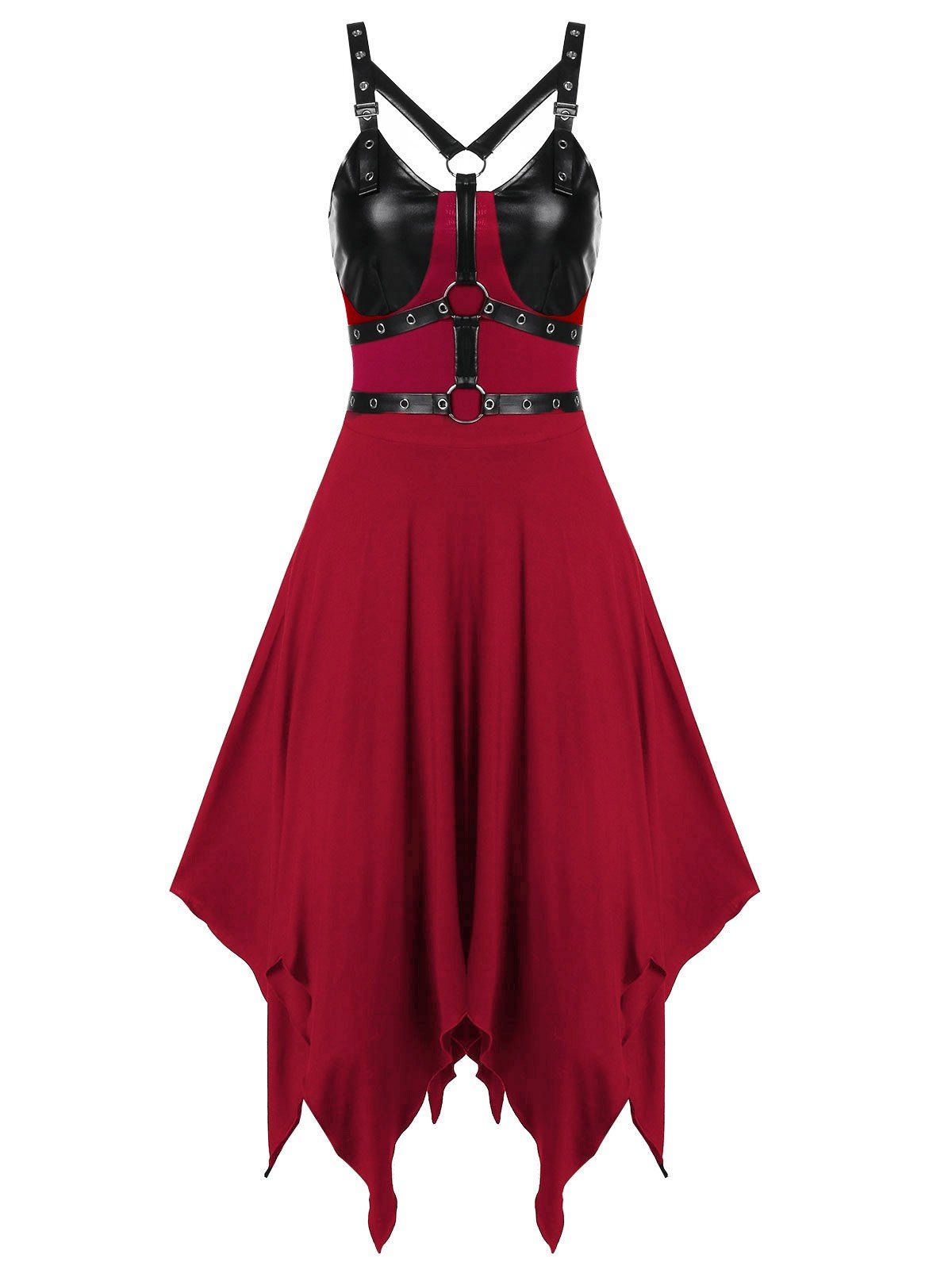 

Faux Leather Panel Grommet Handkerchief Midi Dress, Red wine