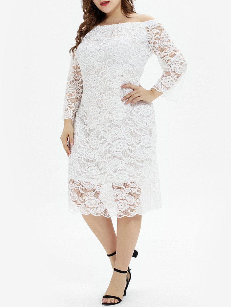 

Plus Size Off The Shoulder Lace Midi Party Dress, Milk white
