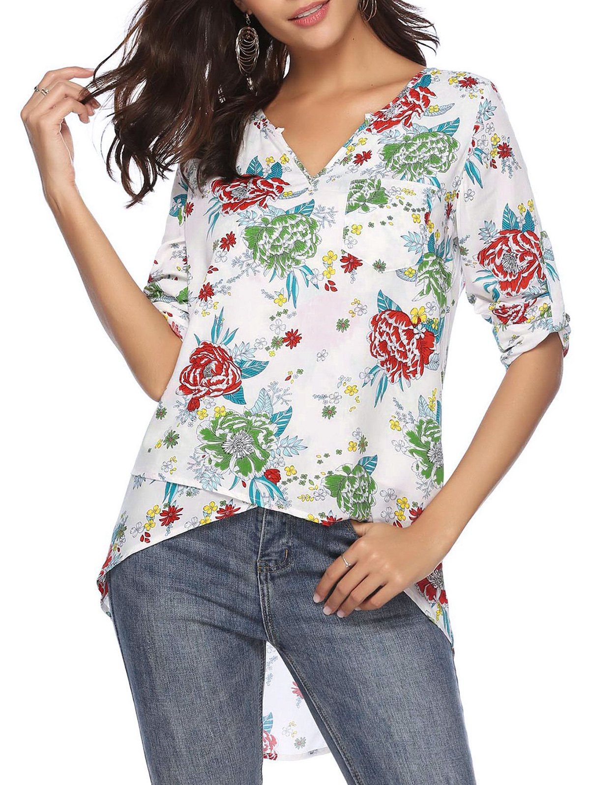 

Roll Tab Sleeves Floral Print Pocket High Low Blouse, White