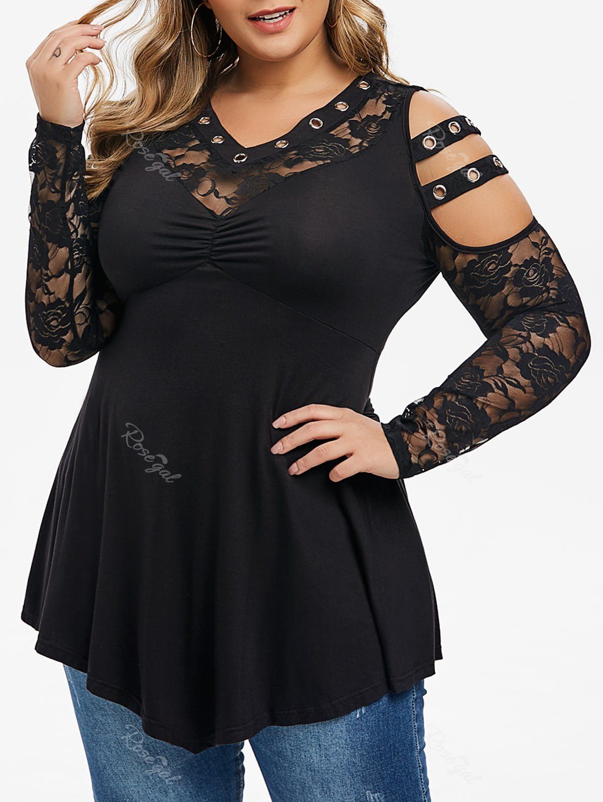 

Plus Size Floral Lace Insert Ladder Cut Out Tee, Black