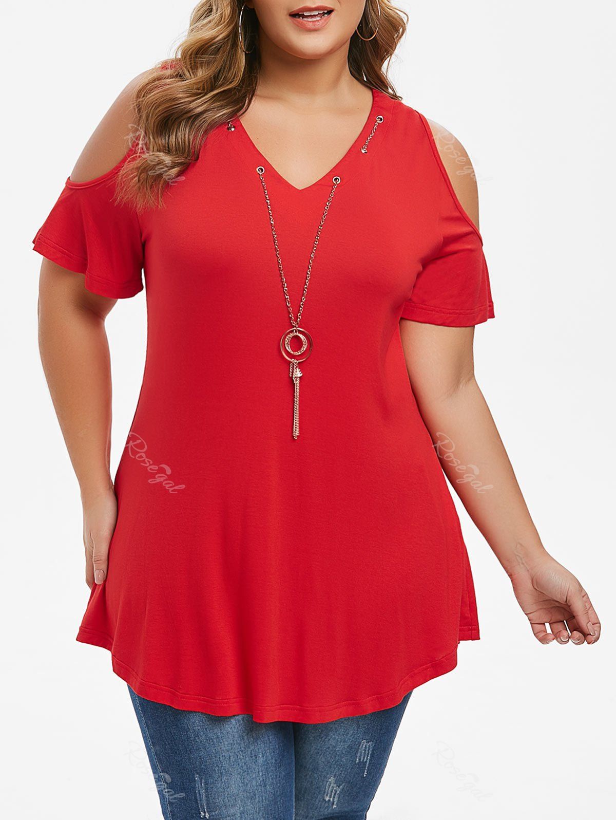 

Plus Size Tunic Open Shoulder T Shirt, Red