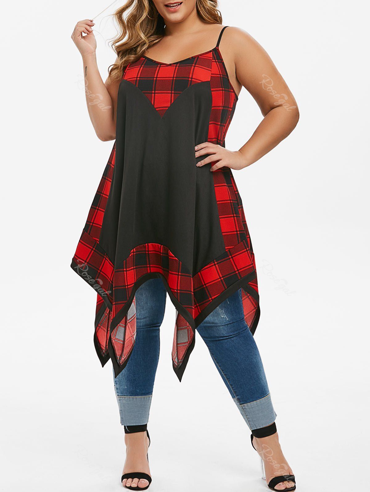 

Plus Size Plaid Panel Spaghetti Strap Tank Top, Black