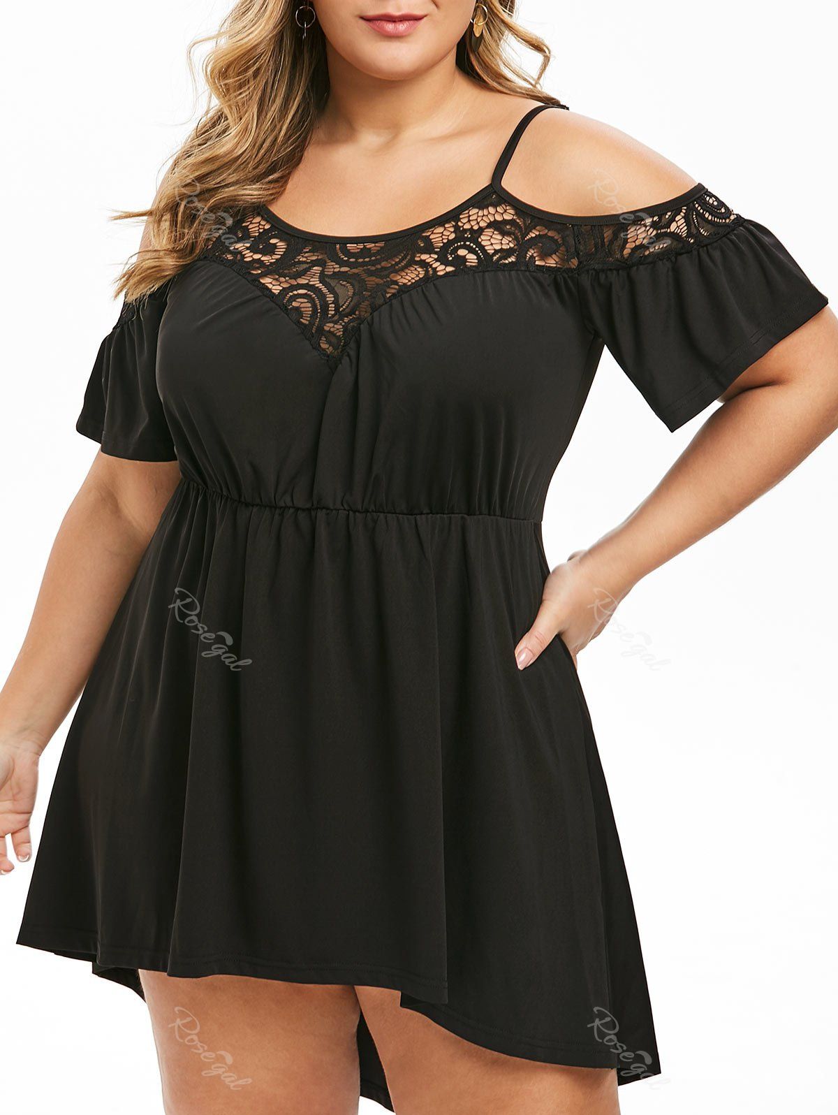

Plus Size Lace Insert High Waist Mini High Low Dress, Black