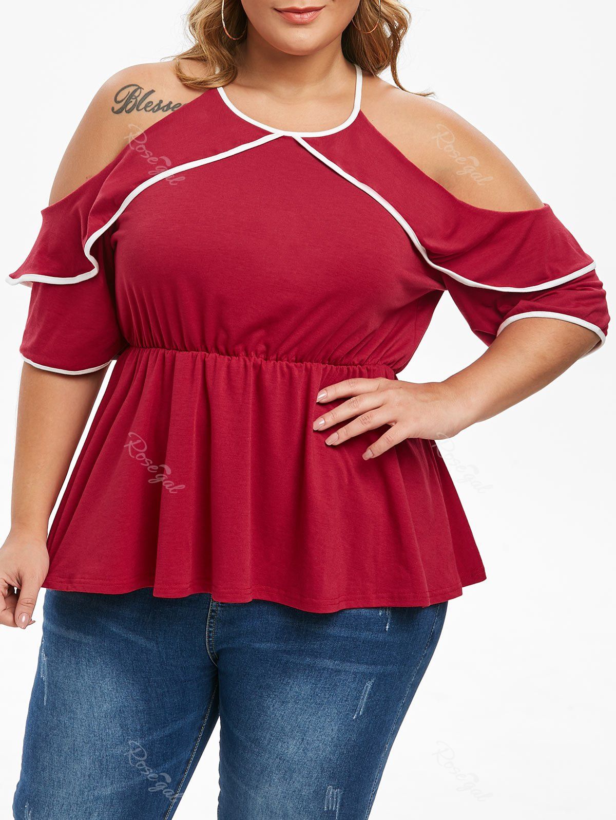 Discount Plus Size Contrast Piping Cold Shoulder Peplum T-shirt  